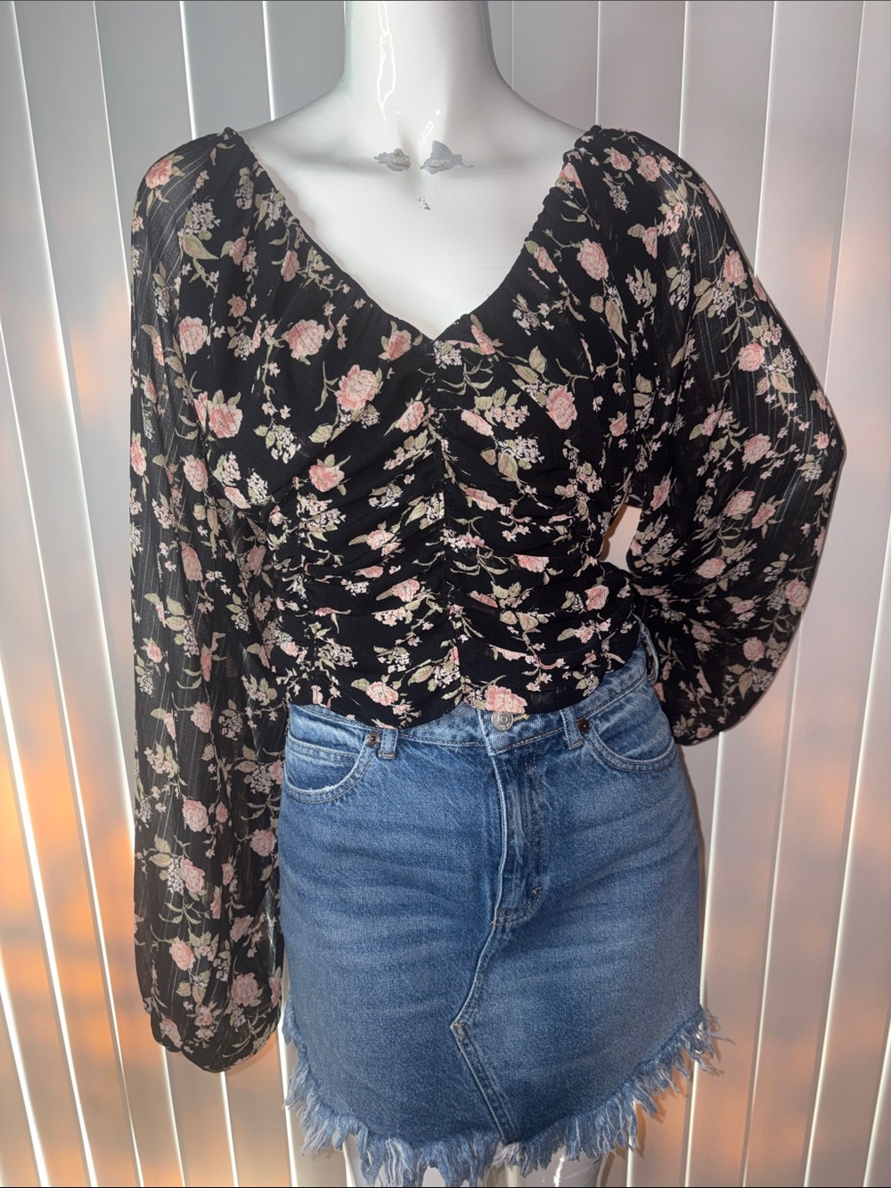 Free People New Final Rose Blouse Black Combo Floral Ruched Size Medium